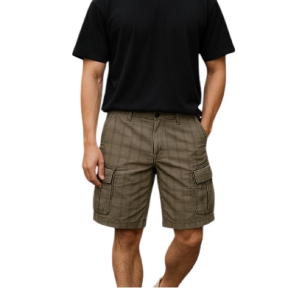 BC CLOTHING Men's Cargo Shorts Tan Plaid Pockets Cotton Size 32
